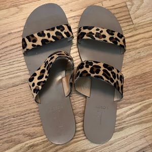 Flat sandals with two straps, jcrew, cheetah print ponyhair, sz 9